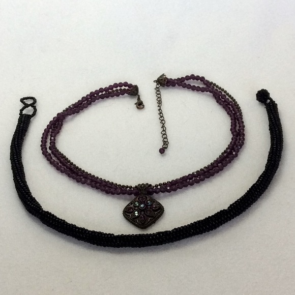 FINAL SALE PRICE Black Handmade Crocheted Choker & Purple Necklace - Picture 1 of 6